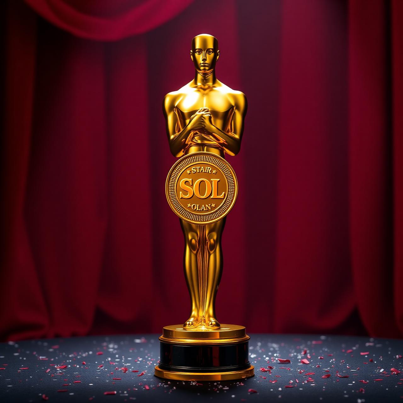 Meme Hackathon golden trophy holding a Solana coin